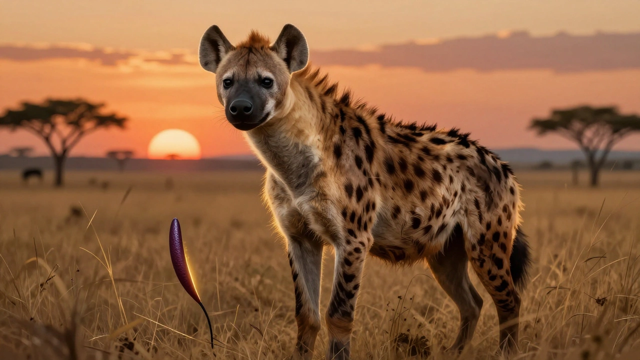 Female spotted hyena in savanna with distinctive clitoral structure under sunset light.