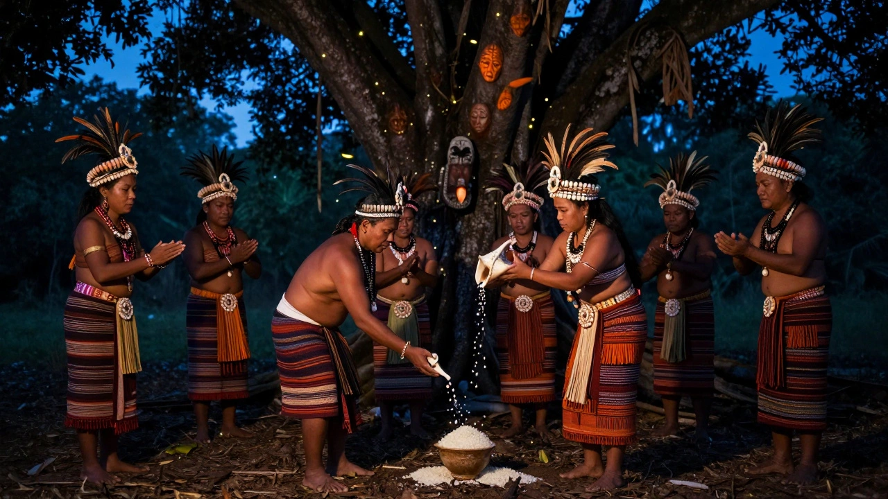 Filipino babaylans perform a ritual under a giant tree at twilight, summoning spirits with conch shells and rice wine.