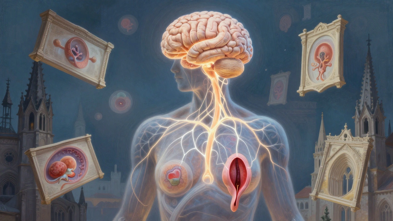 Human body with glowing neural links and embryonic overlays beside architectural spandrels.