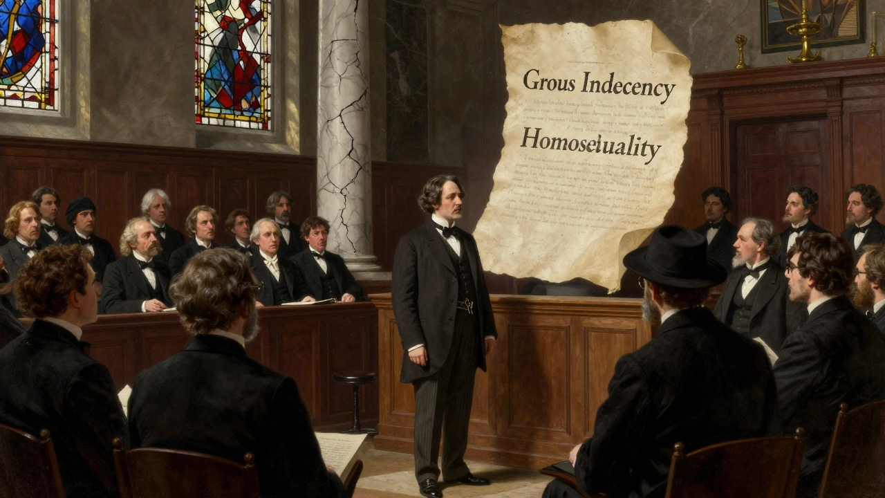 Oscar Wilde stands trial in a Victorian courtroom as the term 'homosexuality' looms above him.
