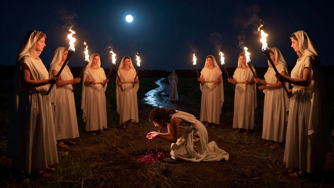 Roman priestesses carrying torches in a nighttime ritual, scattering pomegranate seeds into the earth.