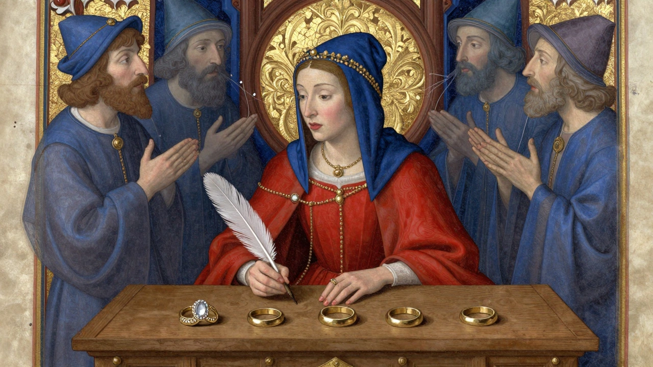 The Wife of Bath writing at a desk with five wedding rings beside her.