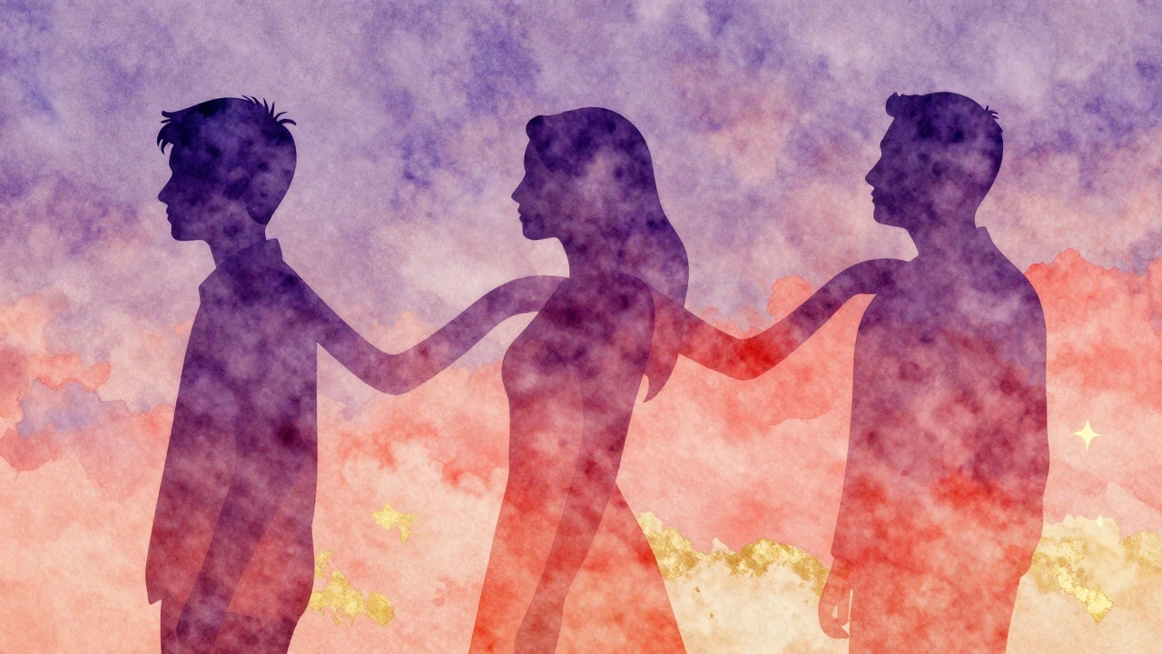 Three silhouettes of a person at different life stages connected by flowing lines representing shifting sexual attractions.