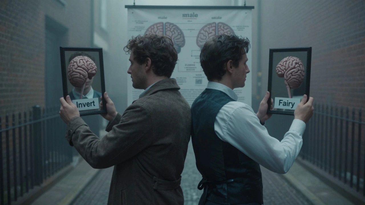 Two figures reflect distorted sexual identities labeled 'Invert' and 'Fairy' in a foggy alley.