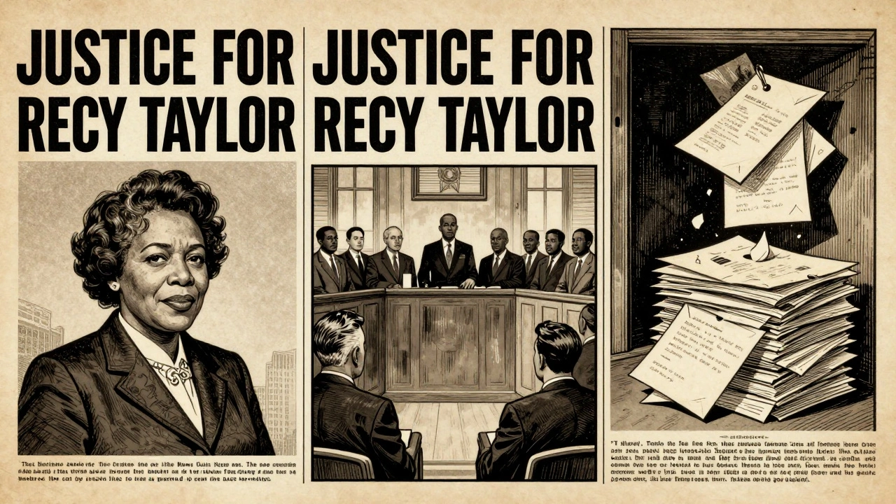 Vintage newspaper panels showing Recy Taylor speaking with Rosa Parks, a dismissive grand jury, and letters demanding justice.