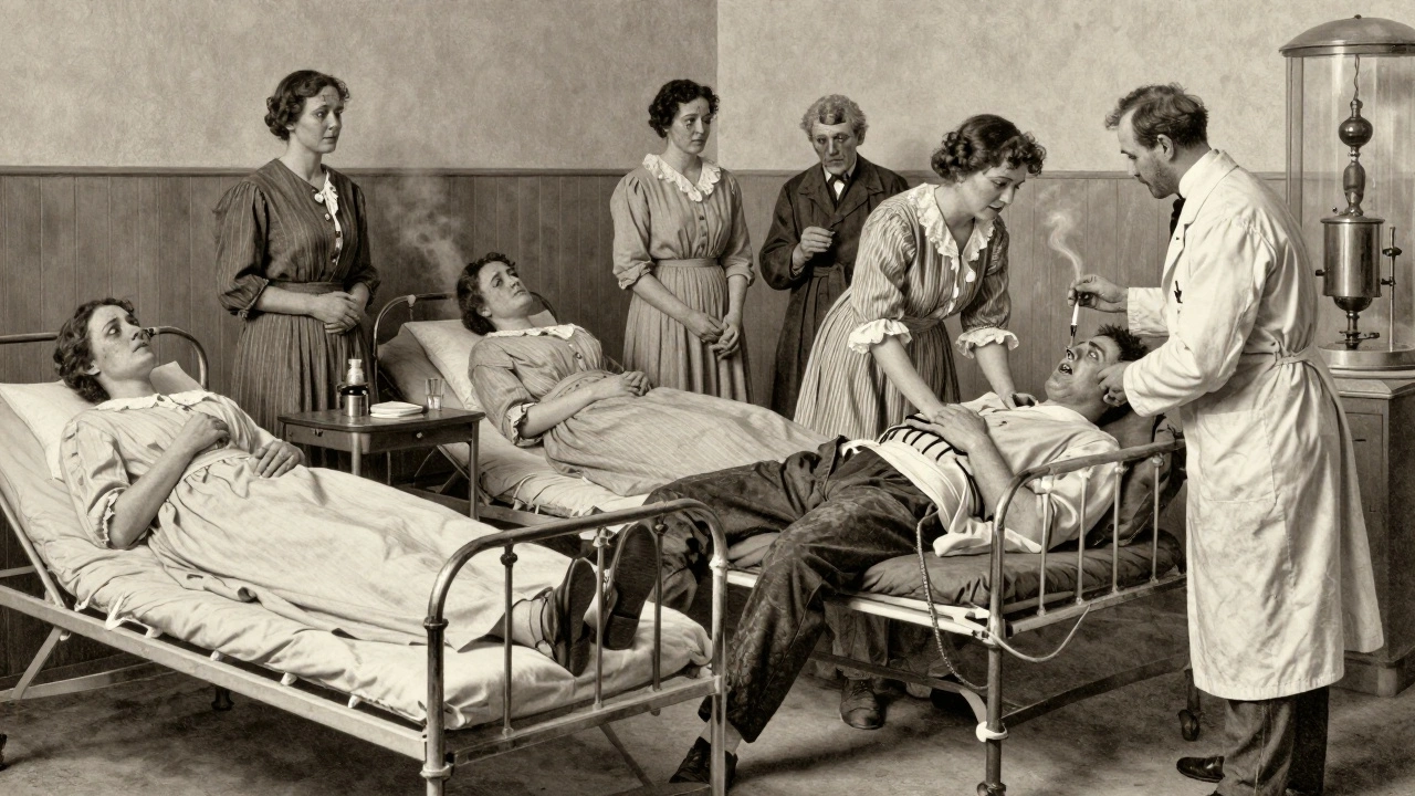 Women and men in a 1900s hospital ward endure painful STI treatments like mercury vapor and electric currents.