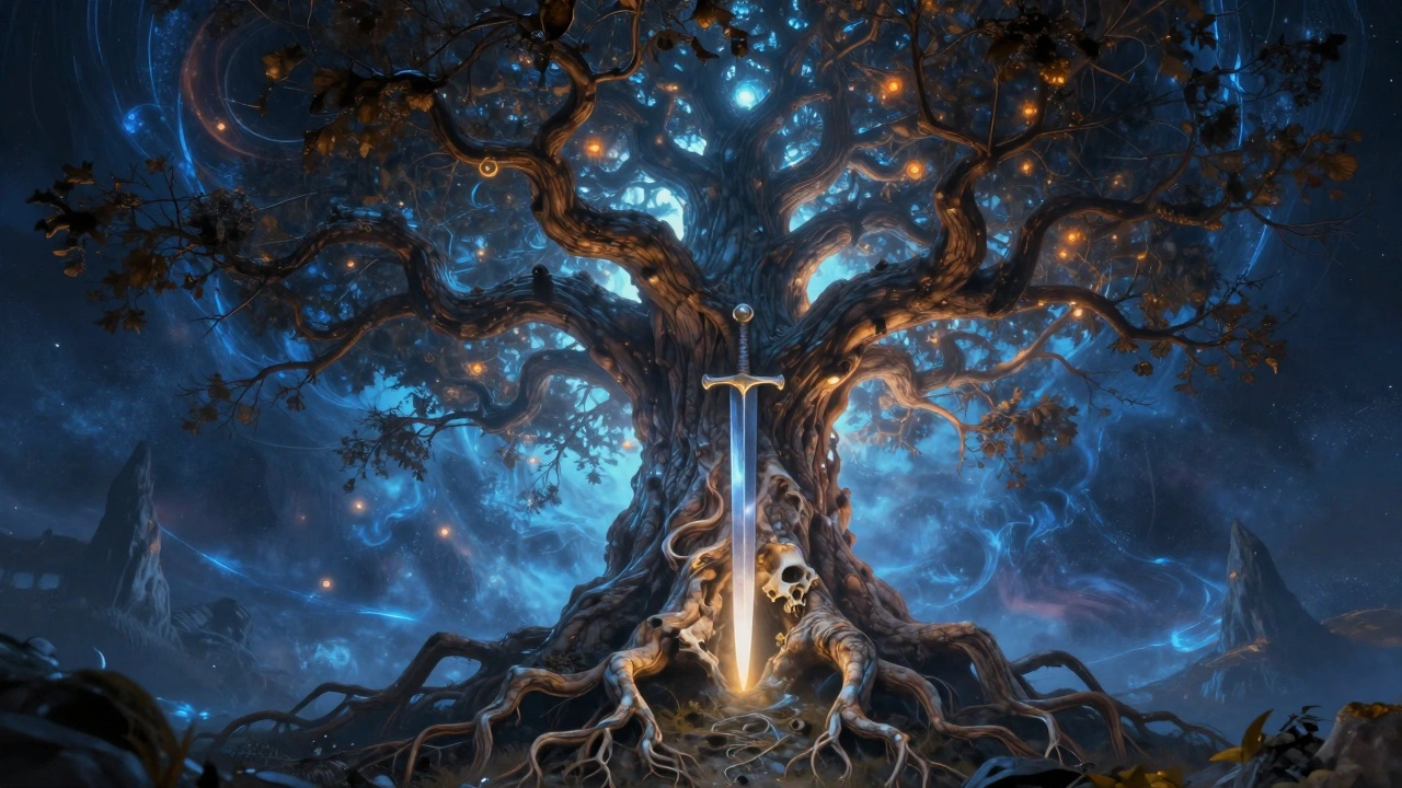 Yggdrasil, the World Tree, spans nine realms with a glowing sword embedded in its trunk.