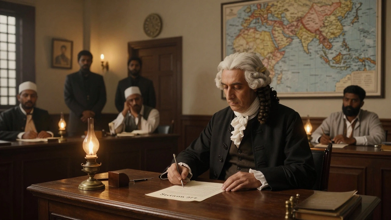 A British judge signing Section 377 in colonial India while Muslim scholars observe in silence.