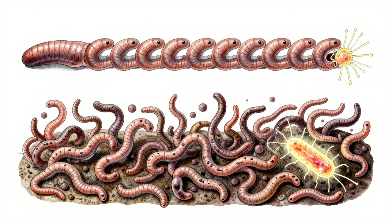 A clonal worm population being wiped out by bacteria while genetically diverse worms evade infection.
