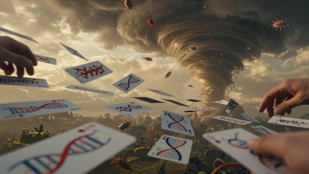 A deck of DNA cards being shuffled as a storm of parasites swirls around them, unable to target any one.