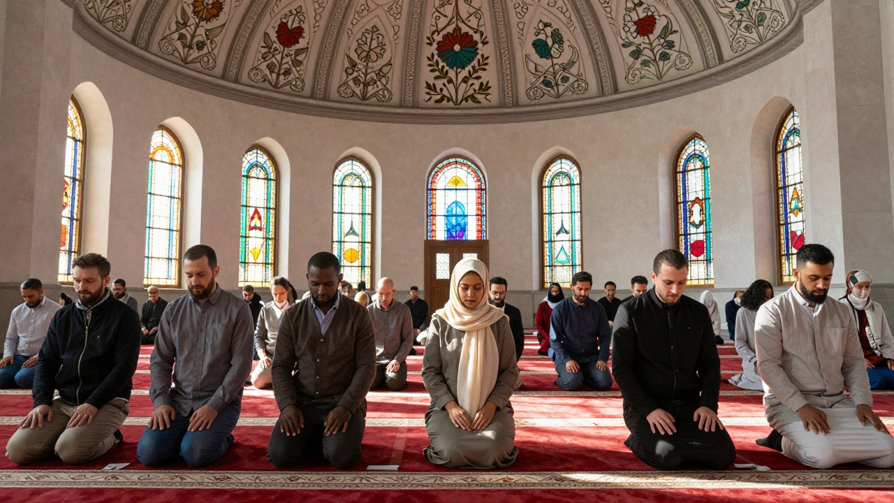 A diverse congregation praying together in an inclusive mosque in Berlin, led by a female imam.