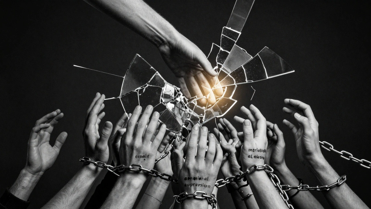 A hand breaking through shattered glass ceilings, surrounded by chains representing systemic barriers to gender equity.