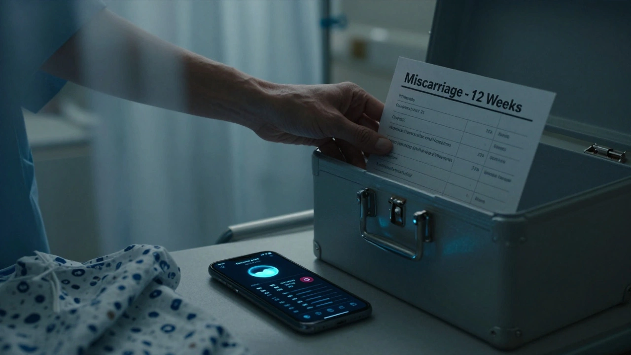 A medical chart is being placed into an evidence box while a pregnancy app glows on a phone beside a hospital gown.