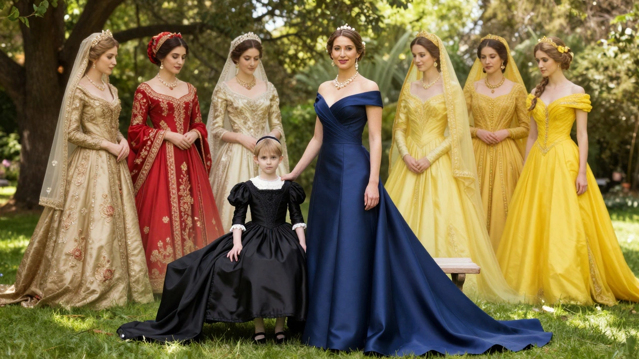 A modern bride in midnight blue gown with ancestral wedding dresses fading behind her.