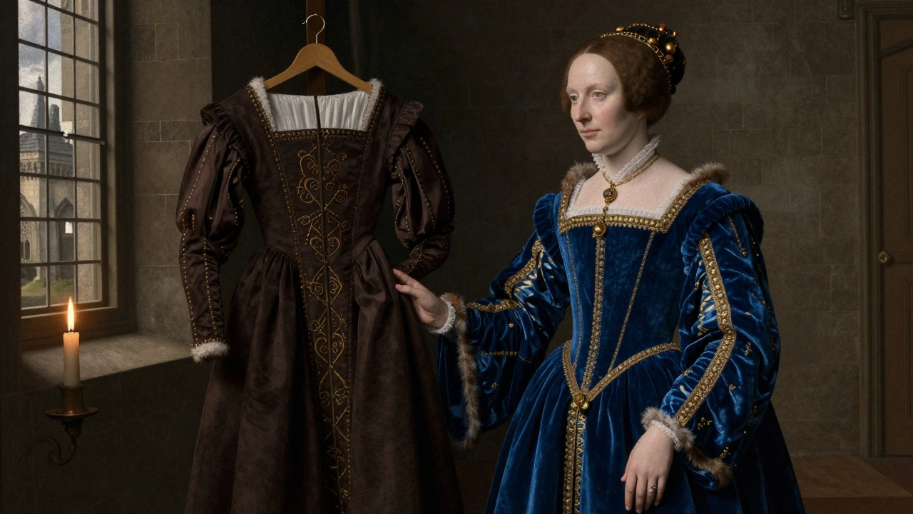 A noblewoman in blue velvet gown beside a simple dark dress, candlelit medieval setting.