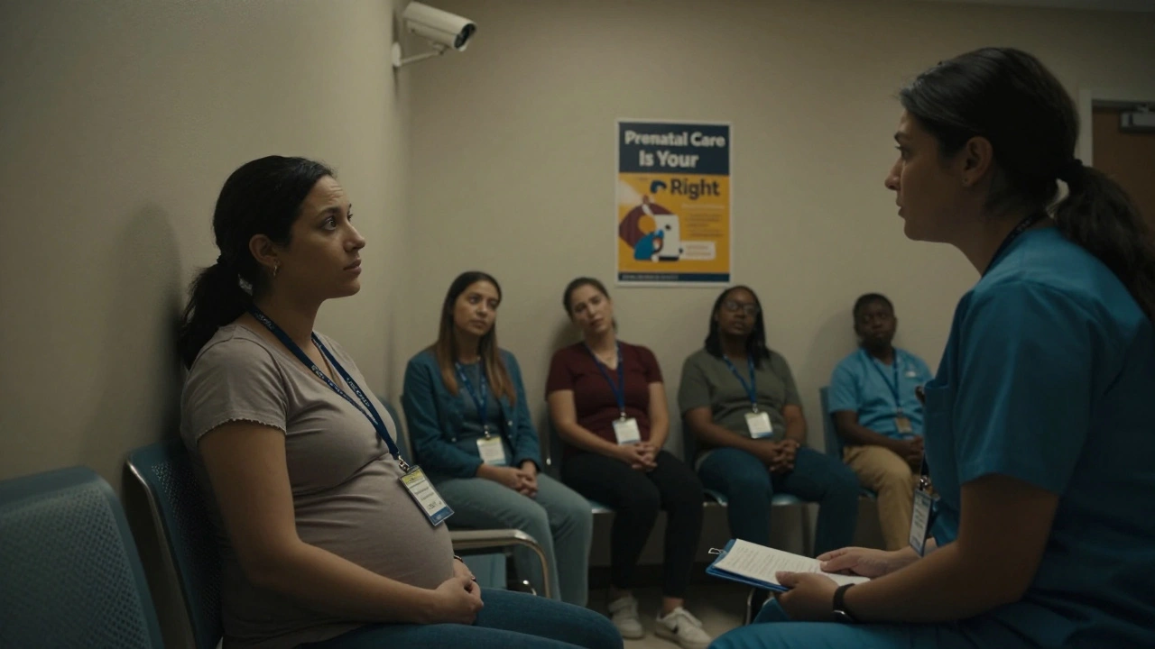 A pregnant woman in a community clinic hesitates near a surveillance camera, other patients nearby, muted colors, tense atmosphere.