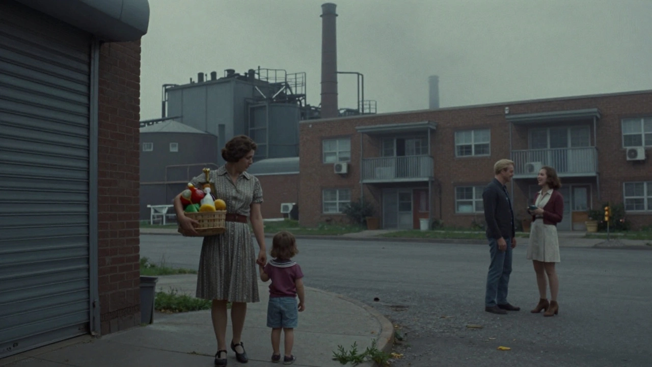 A single mother walks past a closed factory as a privileged couple enjoys freedom nearby, highlighting class-based disparities in the sexual revolution.