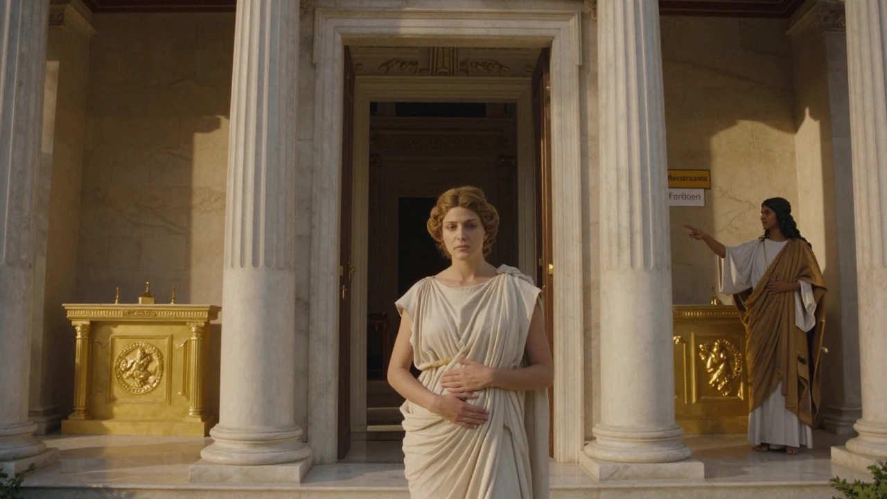 A woman barred from entering a Roman temple due to menstruation.