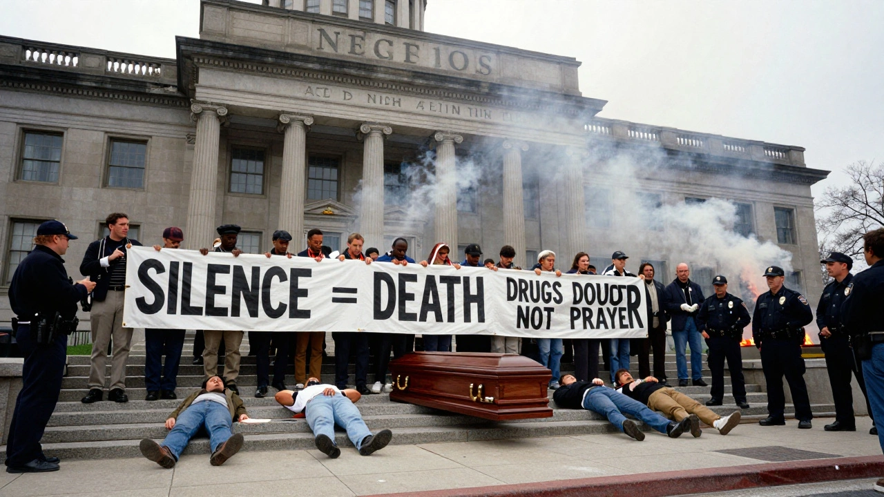 ACT UP activists protesting at the NIH with banners reading 'SILENCE = DEATH,' laying a coffin at the steps as journalists film and police watch.