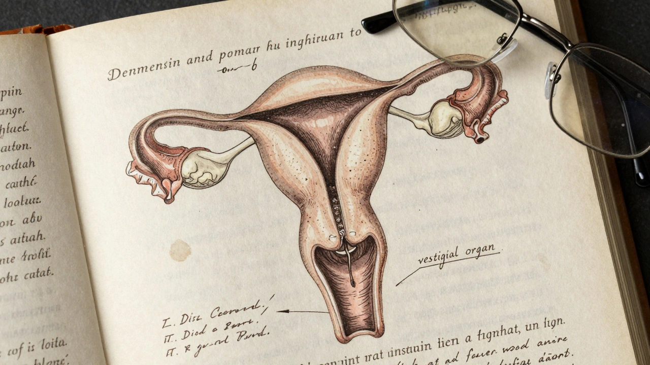 An open 19th-century medical textbook shows detailed drawings of the uterus and vagina, while the clitoris is minimally depicted.