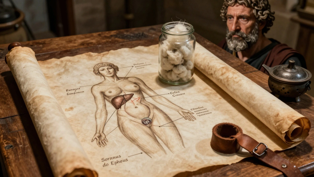 Ancient medical tools and anatomical diagrams on a Roman scholar's desk.