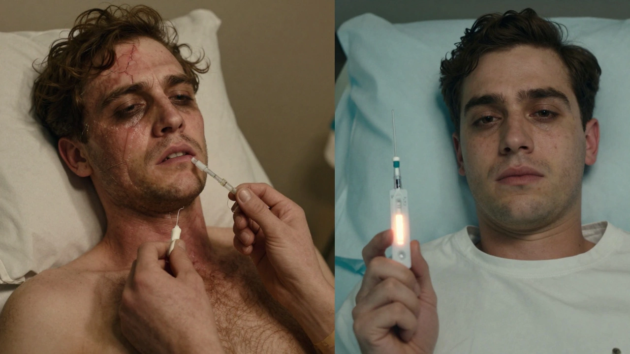 Contrasting 1930s toxic syphilis treatments with a 1943 penicillin cure, showing relief and hope.