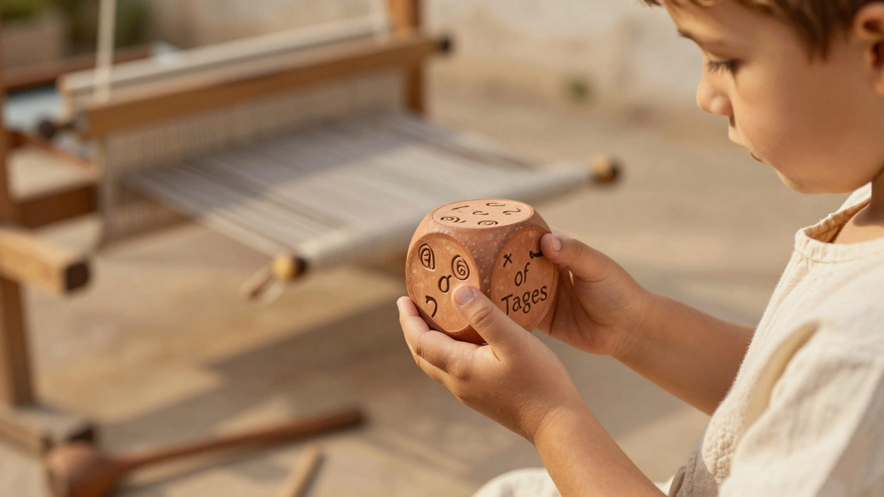 Etruscan child holding inscribed religious dice toy during play
