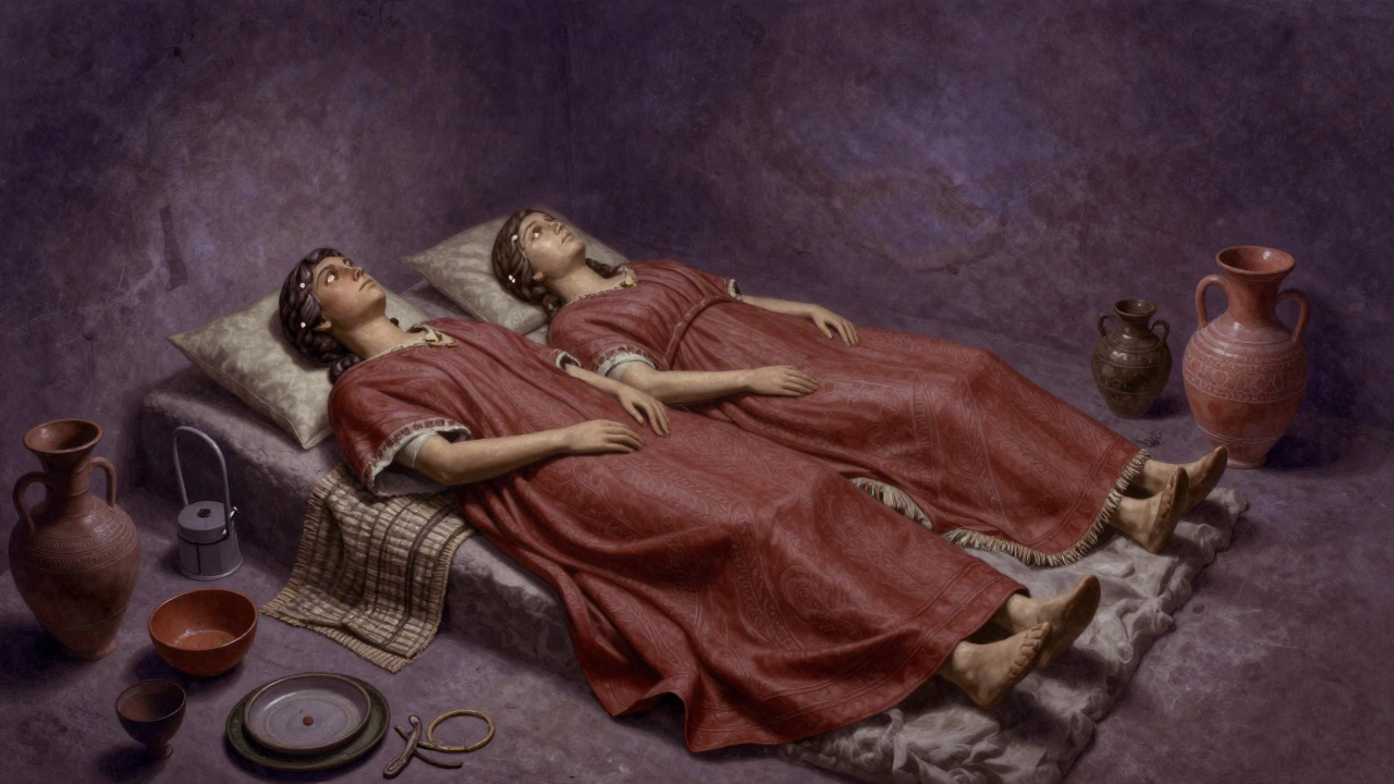 Etruscan family burial chamber with three generations, no father present, surrounded by personal items.