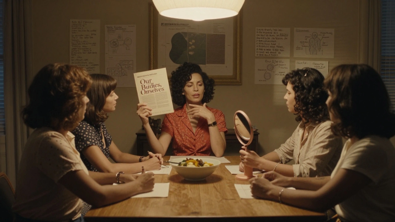 Group of women in 1970s living room learning self-exam from 'Our Bodies, Ourselves' book.