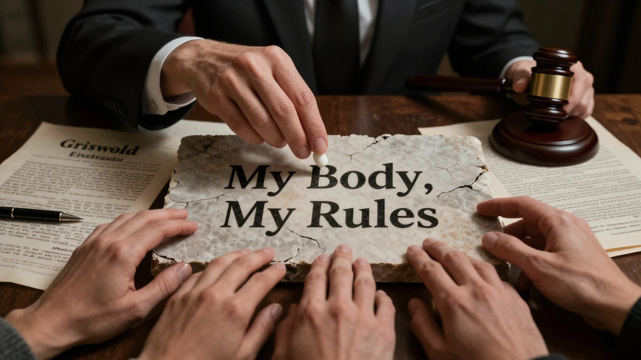 Hand placing birth control pill on stone tablet engraved with 'My Body, My Rules.'