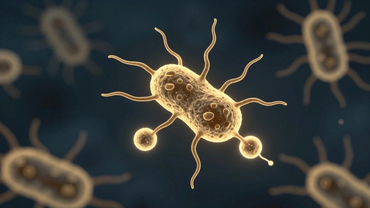 Penicillin molecule neutralizing syphilis bacteria against a backdrop of declining infection rates.