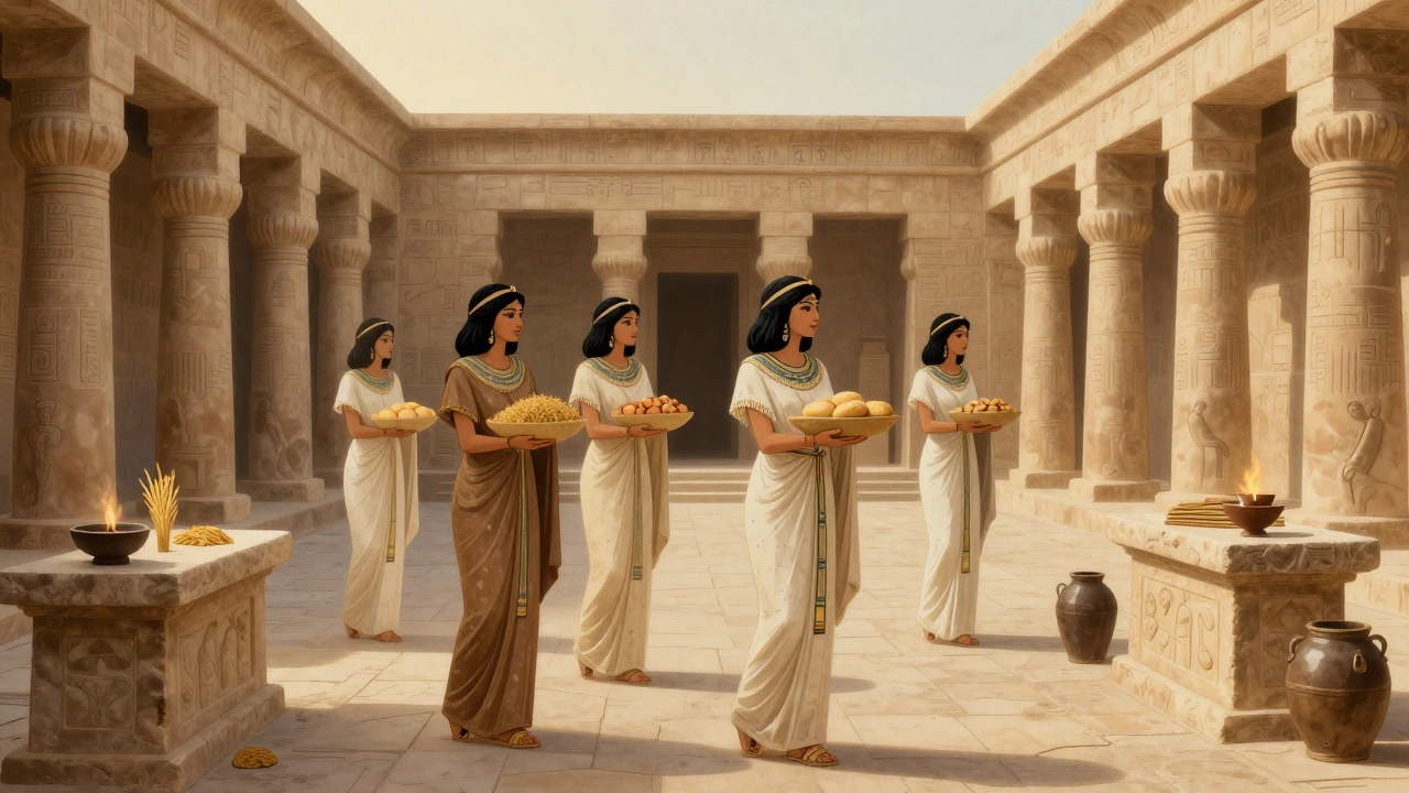 Sumerian temple priestesses offering grain and barley in a quiet courtyard, no ritual sex depicted.