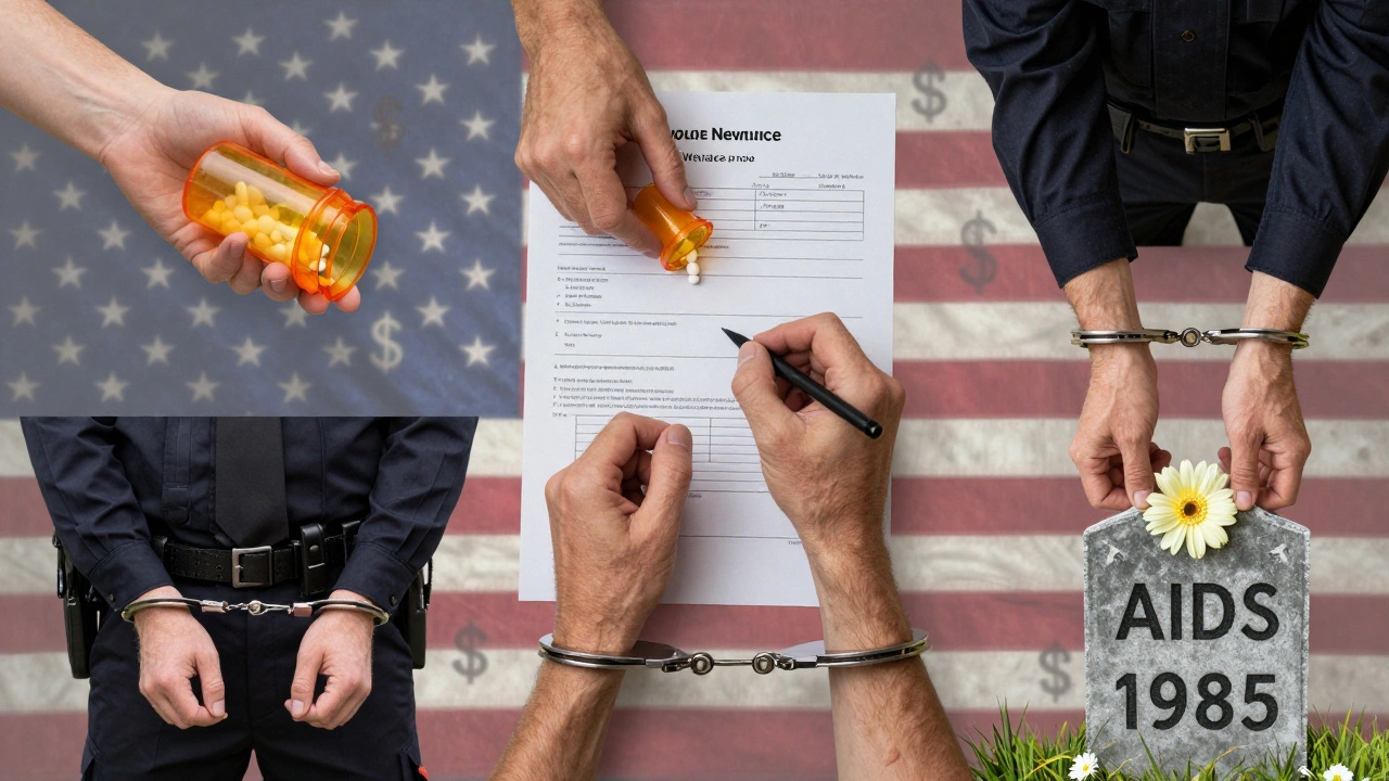 Symbolic hands representing reproductive control, welfare, policing, and death, set against a fading American flag with dollar signs, showing systemic abandonment.