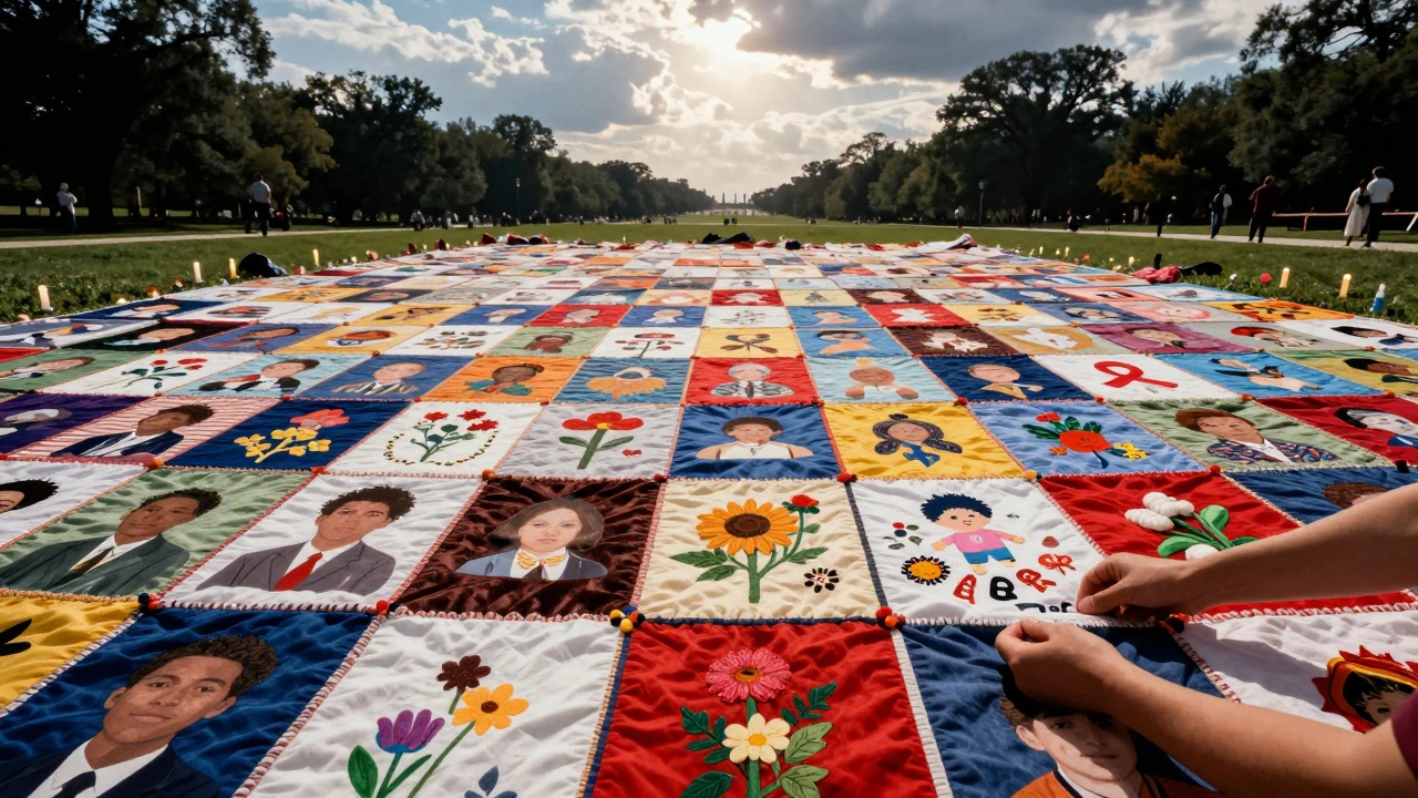 The AIDS Memorial Quilt spread across the National Mall, sunlight breaking through clouds as hands place a new panel among thousands of personalized fabric squares.