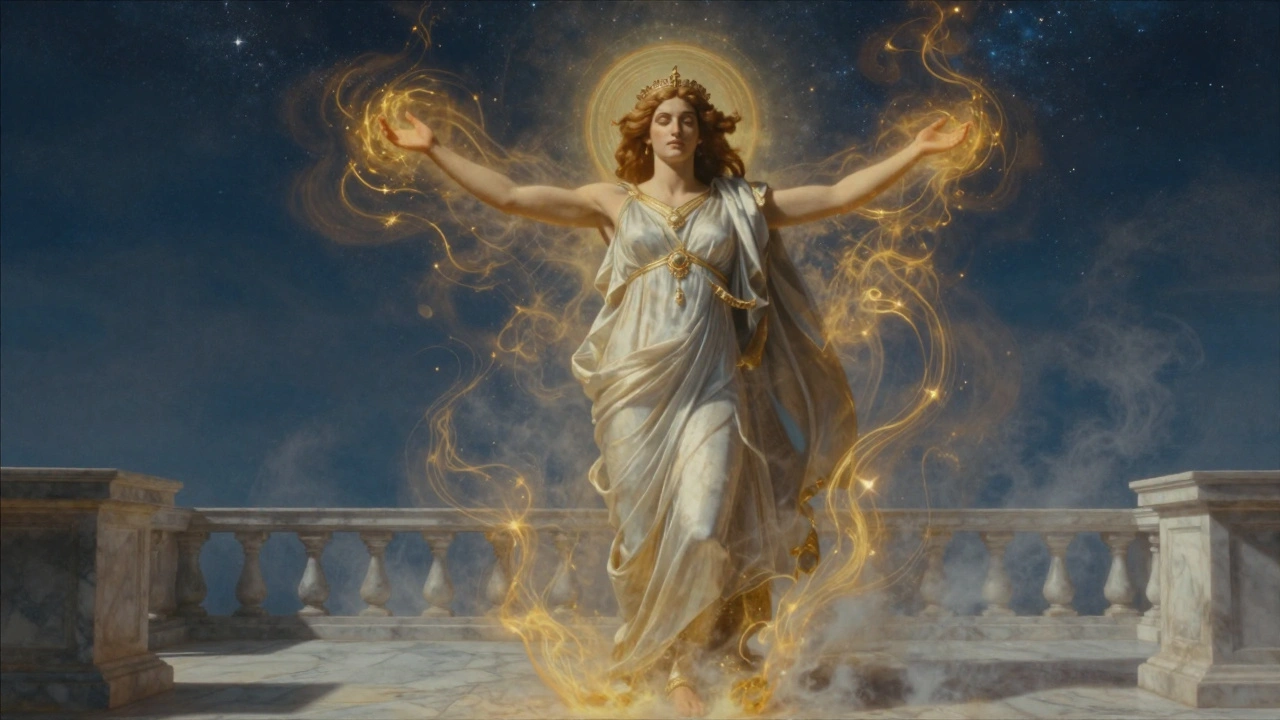 Tiresias stands between Zeus and Hera, radiating golden energy as he declares women's superior sexual pleasure in mythic scene.