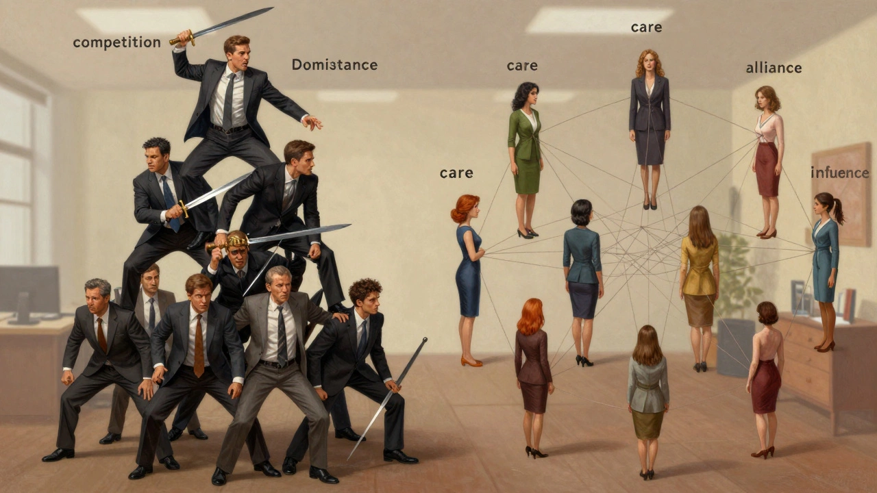 Two contrasting social hierarchies: men competing aggressively in a pyramid versus women building cooperative networks.