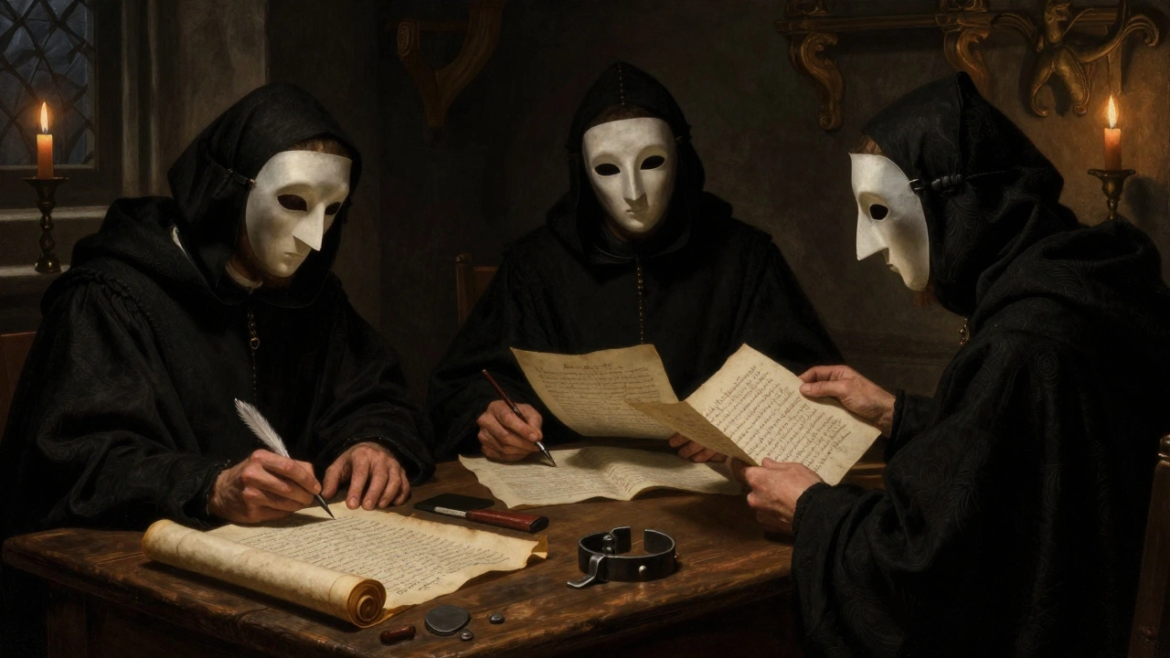 Venetian officials review sodomy trial records in a dimly lit chamber during the 14th century.