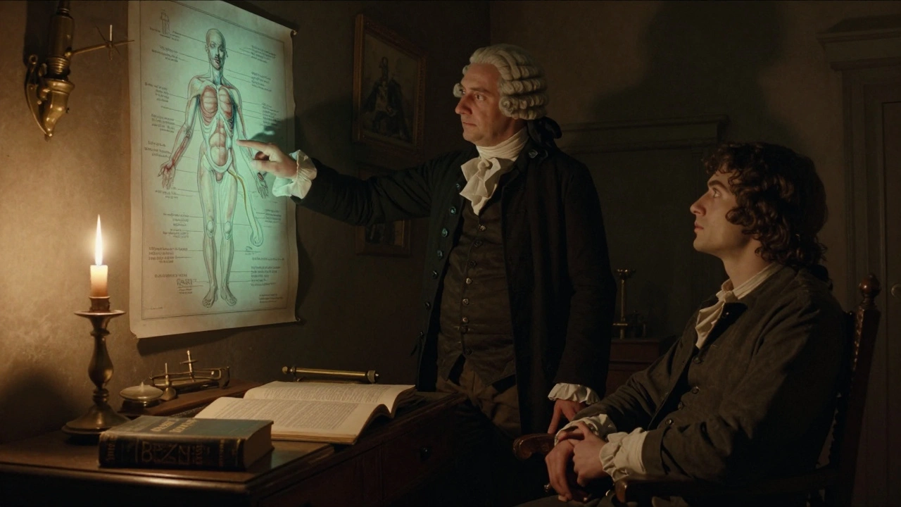 18th-century doctor presenting a pamphlet on masturbation as a deadly disease in a dimly lit study.
