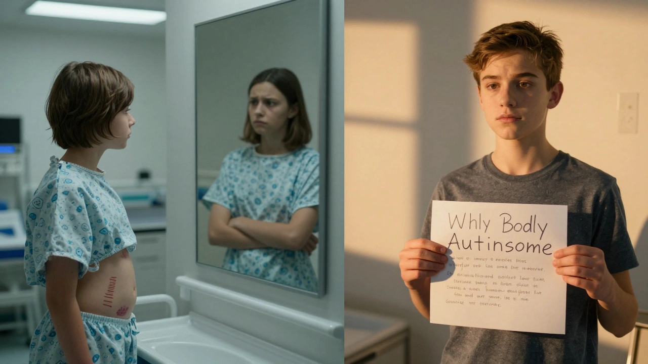 A child looking at their reflection in a mirror, contrasting past medical trauma with future empowerment.