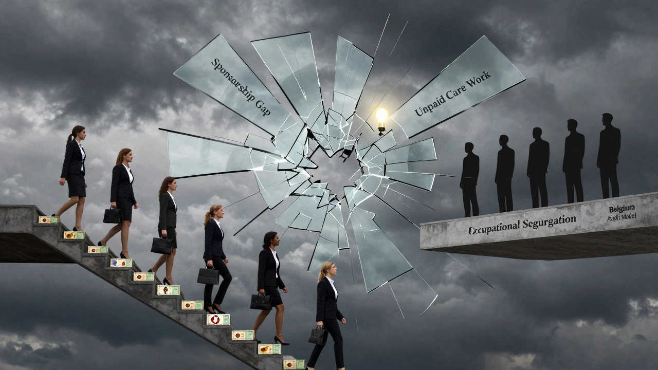 A fractured glass ceiling with labels showing systemic barriers, as women climb toward promotions using broken paychecks and childcare symbols.