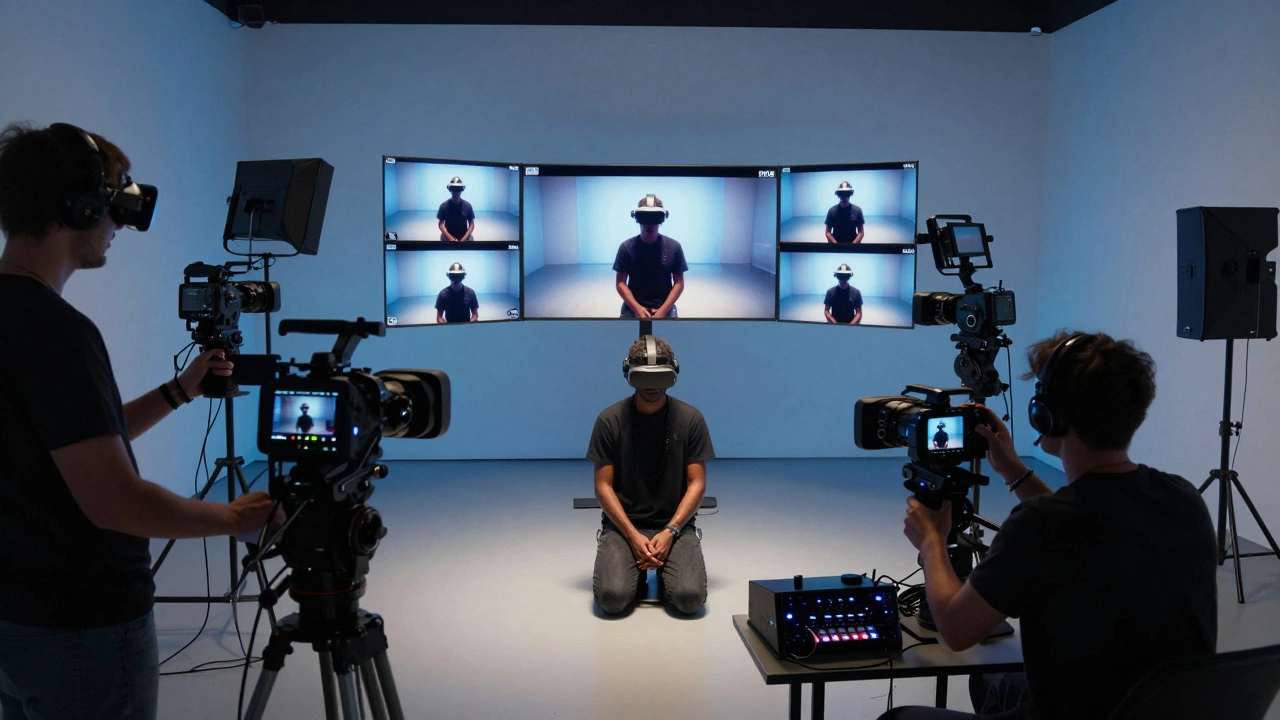 A high-tech VR production studio with multiple cameras capturing a performer for immersive adult content.