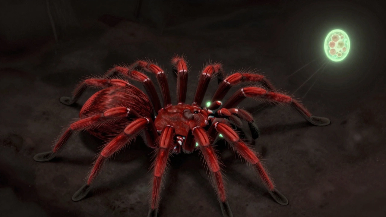 A male redback spider is consumed by a female during mating, with a glowing egg sac nearby.