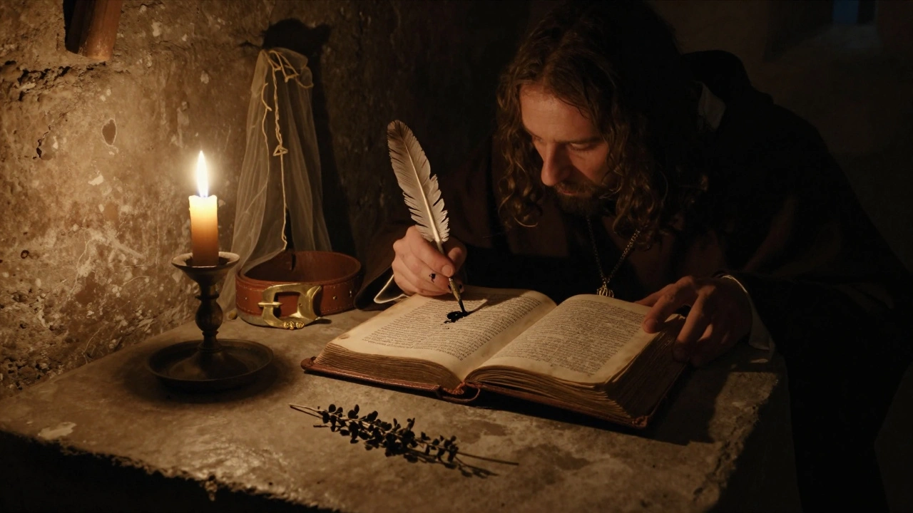 A priest studies a medieval penitential manual by candlelight, symbols of sexual sin scattered nearby.