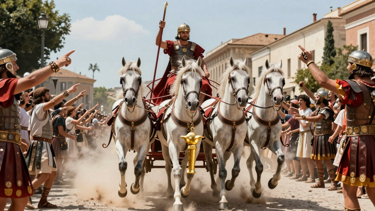 A Roman general's chariot carries a phallic charm beneath it during a triumphal procession.