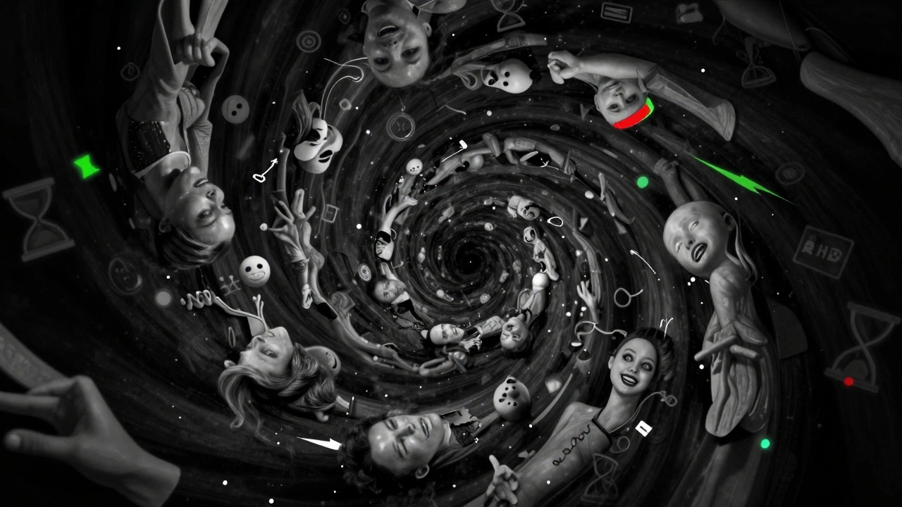 A swirling vortex of distorted bodies and digital icons representing compulsive porn use and emotional avoidance.