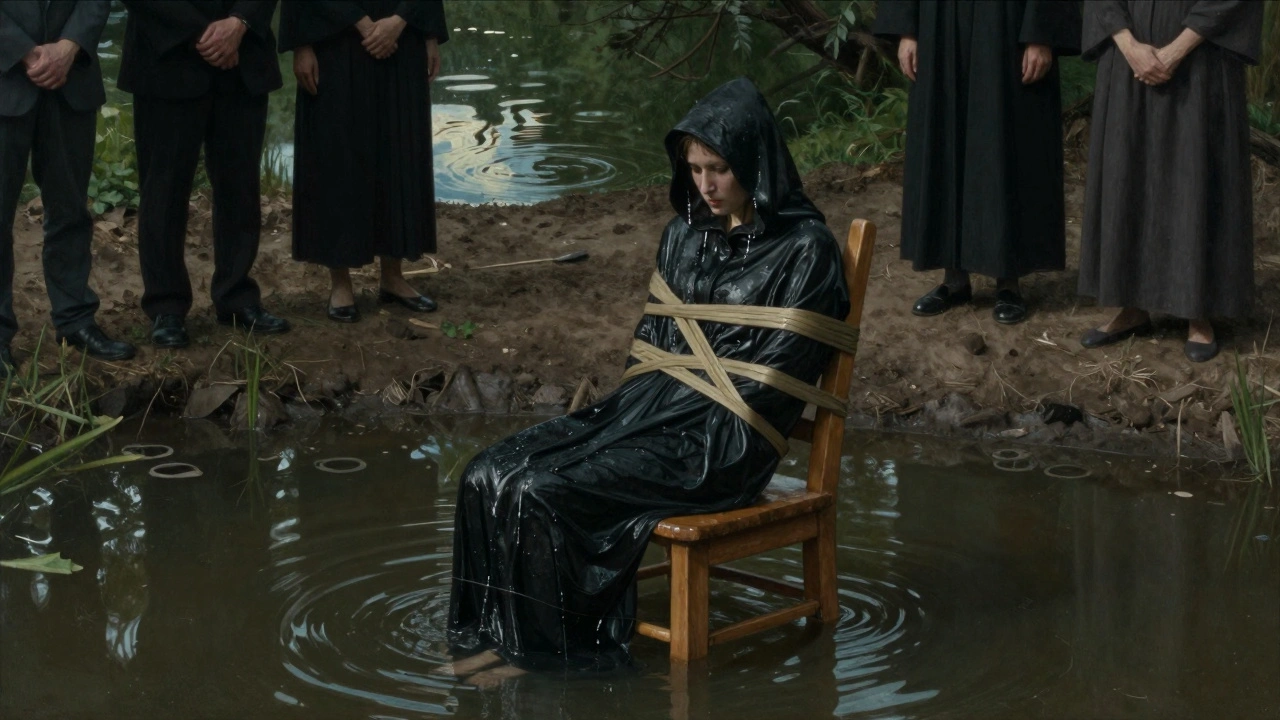 A woman strapped to a ducking stool is lowered into a pond as onlookers watch in silent judgment.