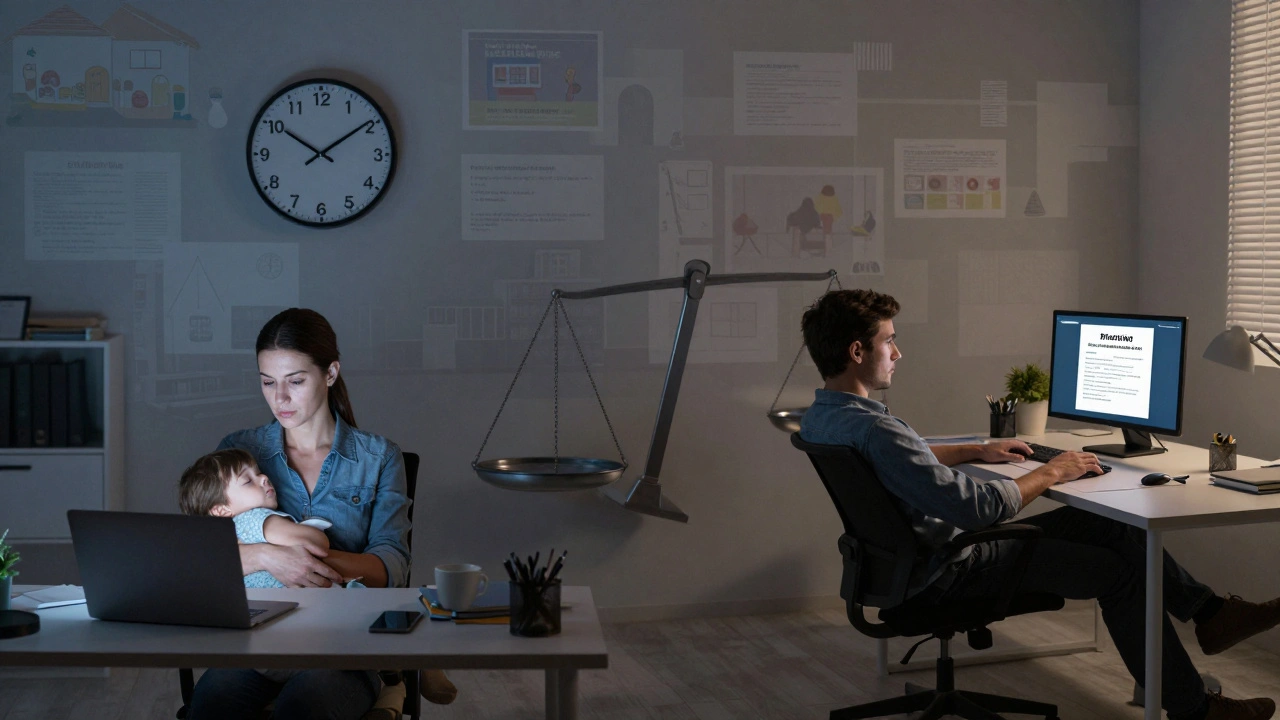 A woman works late at night with a child while a man relaxes with a promotion notice — illustrating the unequal burden of care and career advancement.
