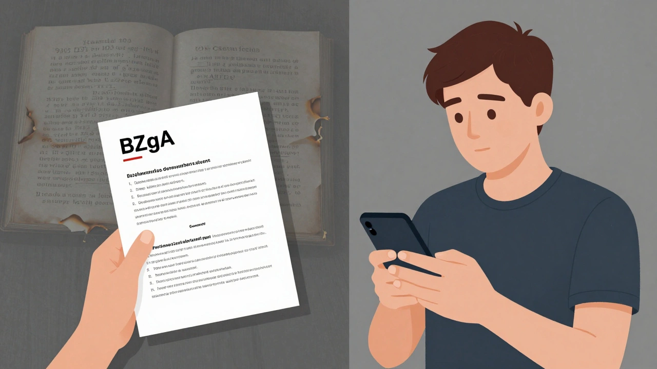 A young German person compares online information with a BZgA lesson plan, symbolizing education combating digital misinformation.