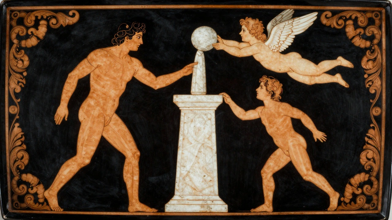 An adult man, adolescent boy, and winged Eros interacting with a phallus-carved herm pillar.