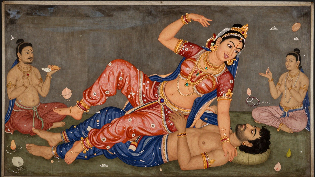 An Indian woman asserting agency during intimacy, playfully kicking her partner while he smiles, surrounded by symbols of mutual pleasure and ancient tradition.